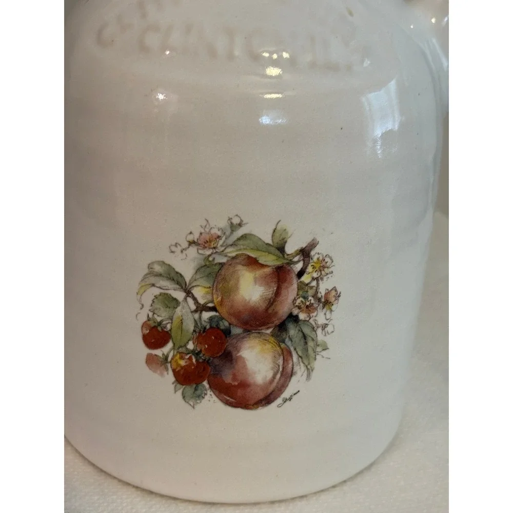 Clintonville Ceramic Whiskey Jug White Stoneware Fruit Decal Peach Berry Decor